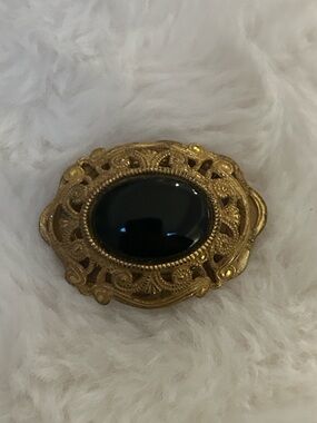 Miriam Haskell Filigree Brooch with Black Oval Cabochon